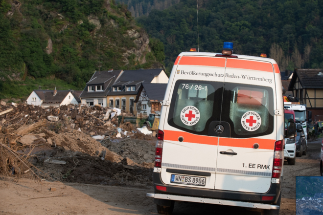 Fahrzeug aus dem DRK-Landesverband bei der Hochwasserhilfe 2021 im Ahrtal